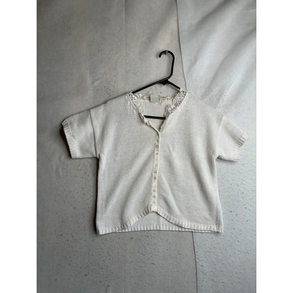 Vintage J.G. Hook Cream Knit Cardigan Short Sleeve Lace Trim Ramie Cotton Small
